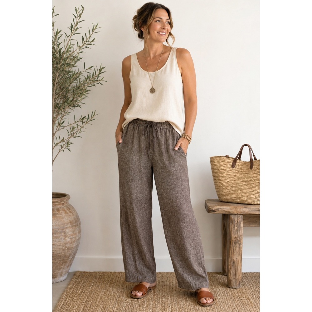 Objects Gold 100% Silk Pants M Gray Relaxed Wide Leg Art Teacher Coastal Boho